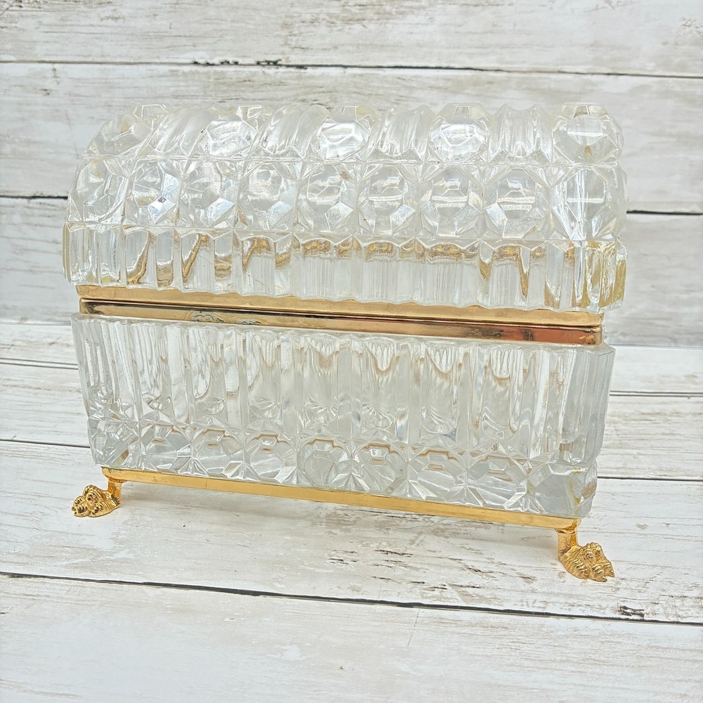 French Baccarat Style Jewelry Casket Footed Box Heavy Crystal Glass Hinged Lid